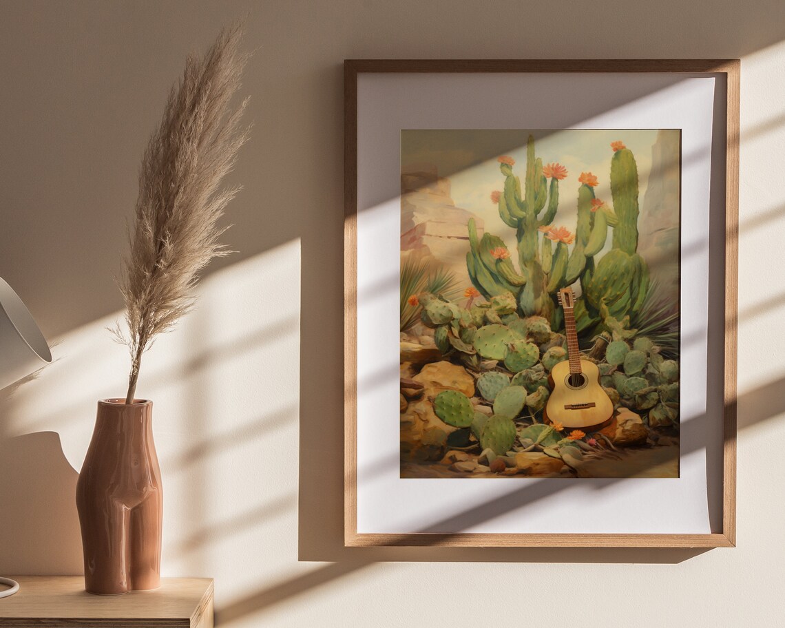 Acoustic Guitar Among Blooming Cacti Mexican Desert Vintage Painting Poster - Image 4