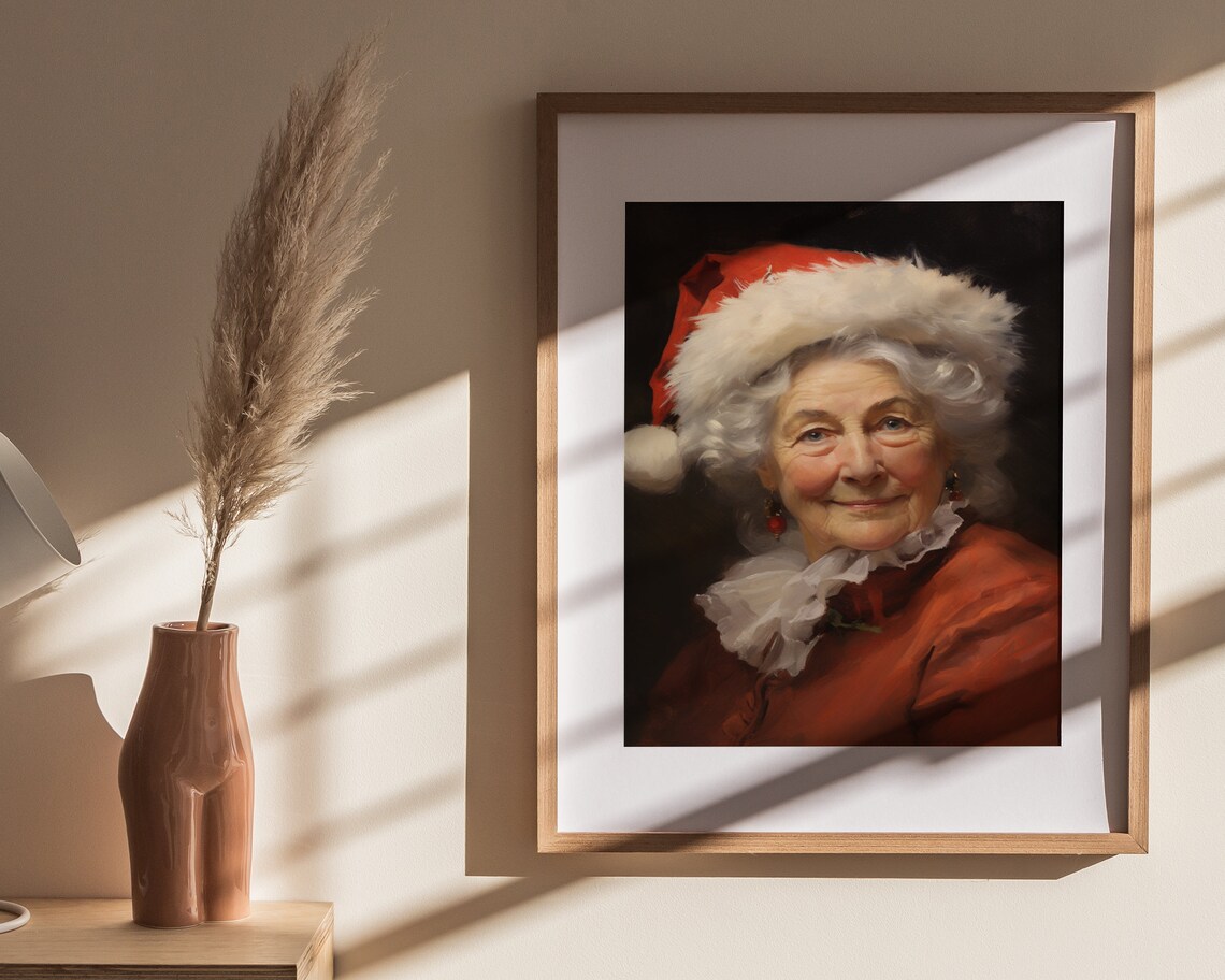 Mrs Claus Portrait in Santa Hat Vintage Style Christmas Oil Painting Poster - Image 4