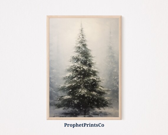 Snowy Pine Tree Misty Winter Minimalist Oil Painting Wall Poster