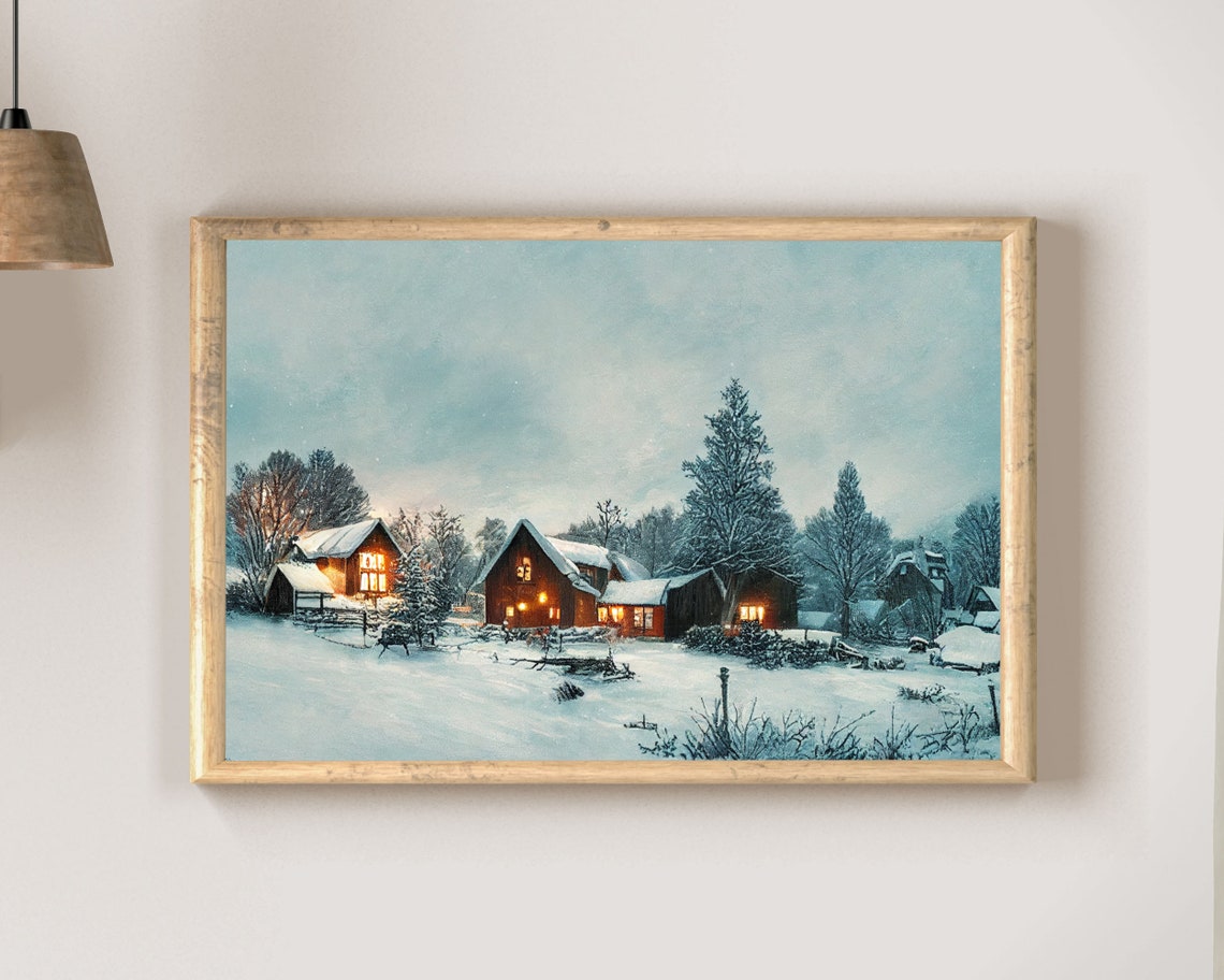 Snowy Village Cabins with Warm Lights Winter Twilight Art Poster - Image 2