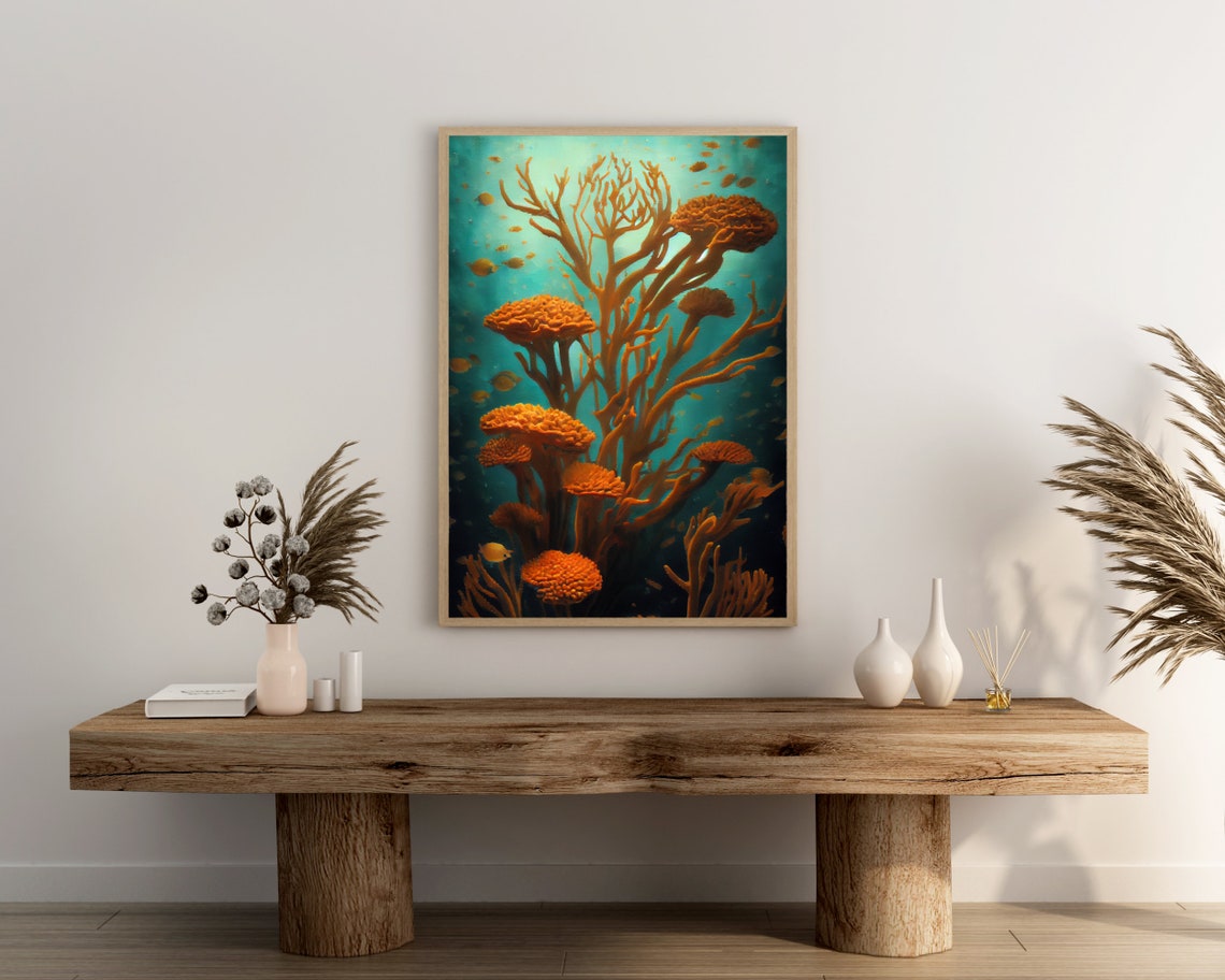 Orange Coral Reef Underwater Tropical Fish Teal Ocean Art Poster - Image 3