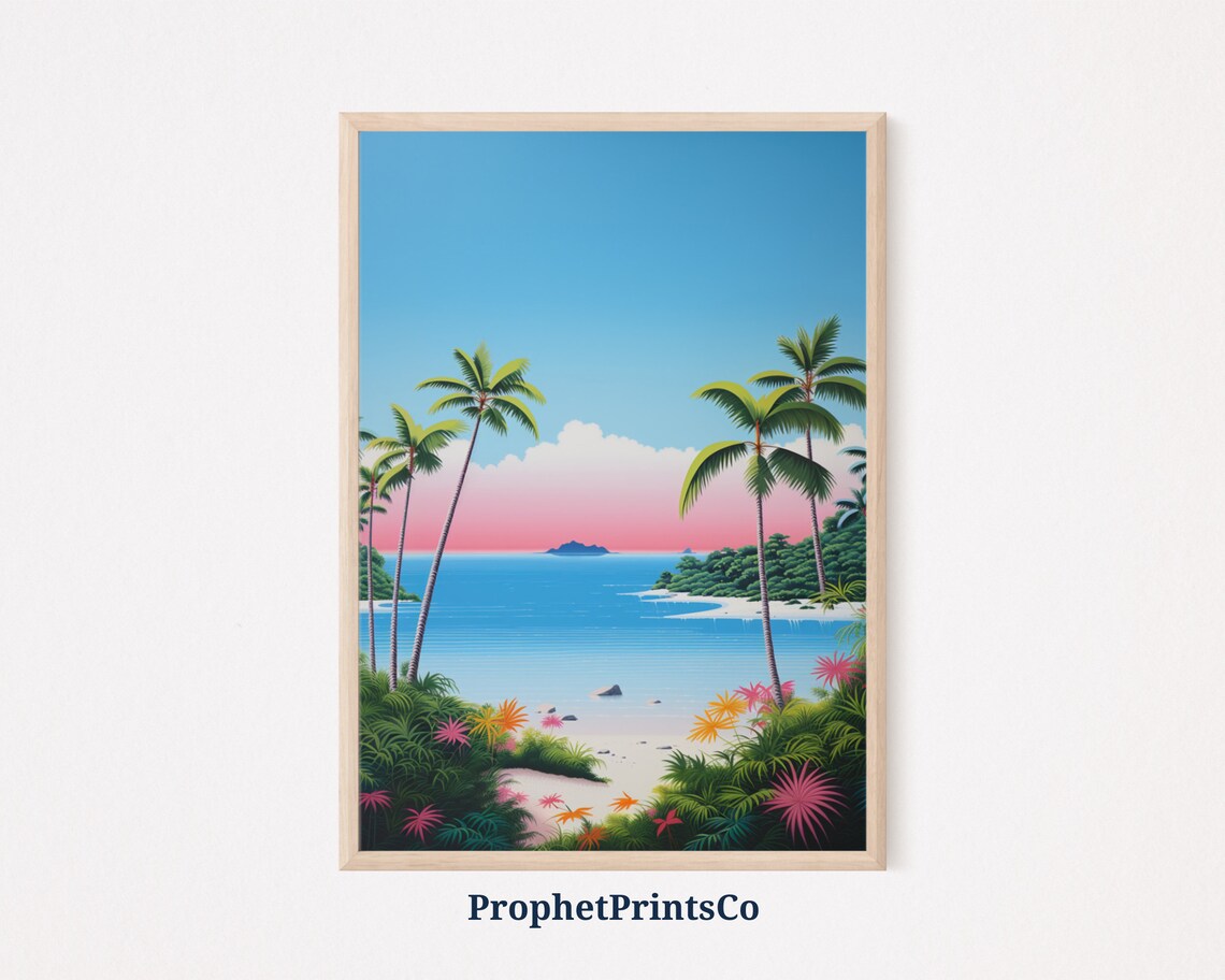 Tropical Palm Beach Sunset Japanese City Pop Retro Travel Poster