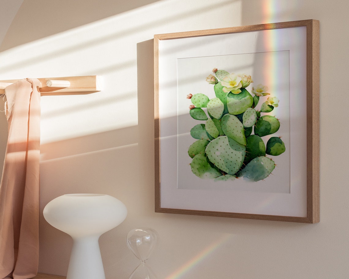 Prickly Pear Cactus White Blossoms Watercolor Desert Art Poster - Image 3