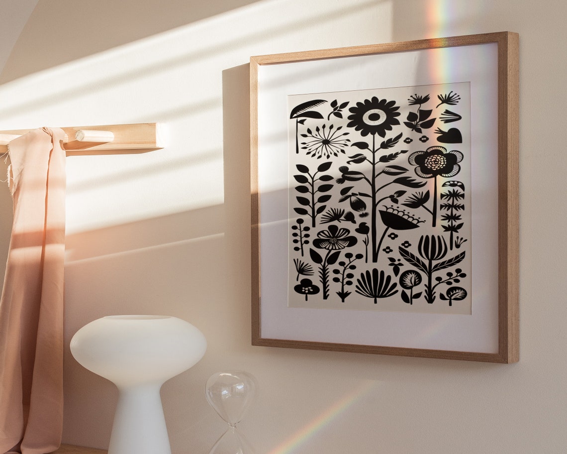 Black And White Floral Pattern Print Boho Wall Art Mid Century Print Cute Eclectic Home Dcor Wall Art - Image 3
