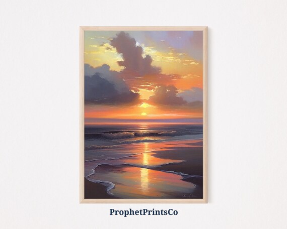 Dramatic Beach Sunset Oil Painting Ocean Waves Coastal Wall Poster