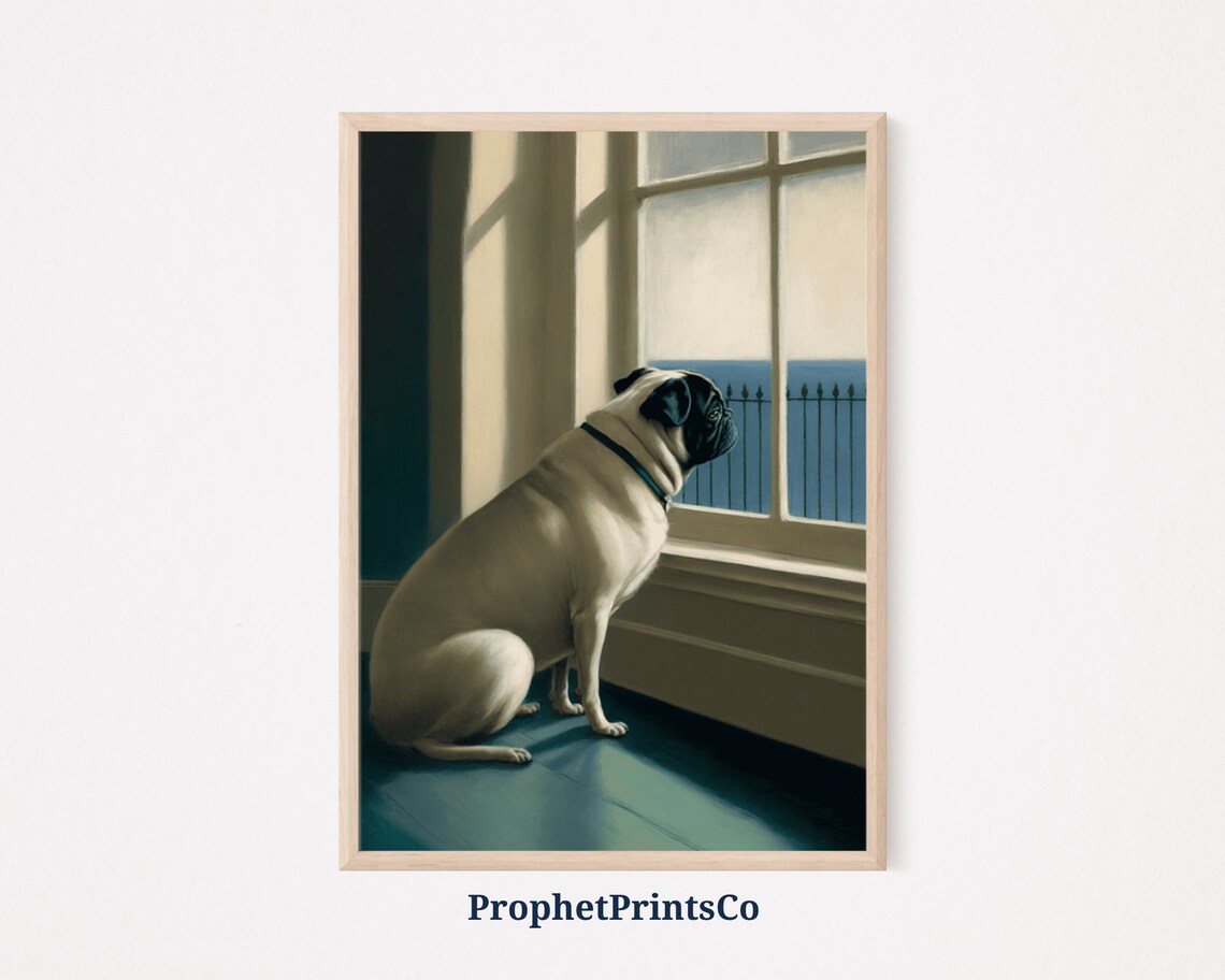 Pug Dog From Behind Gazing Out Window At Water Oil Painting Poster
