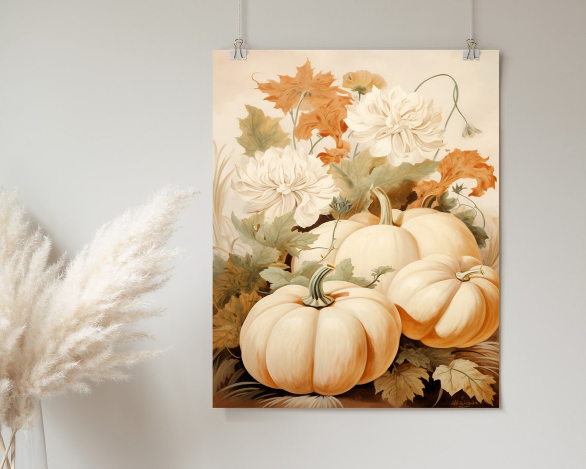 White Pumpkins With Autumn Flowers Muted Fall Harvest Poster - Image 2