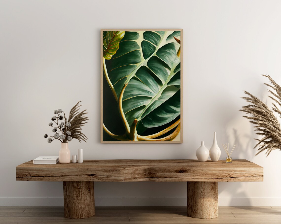 Giant Tropical Leaf Close Up Dark Botanical Oil Painting Art Poster - Image 3