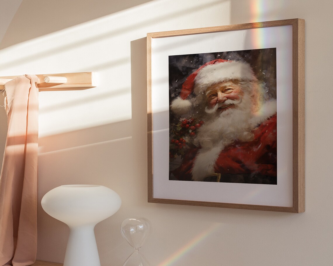 Laughing Santa Claus with Holly Berries Vintage Snowy Christmas Painting Poster - Image 3