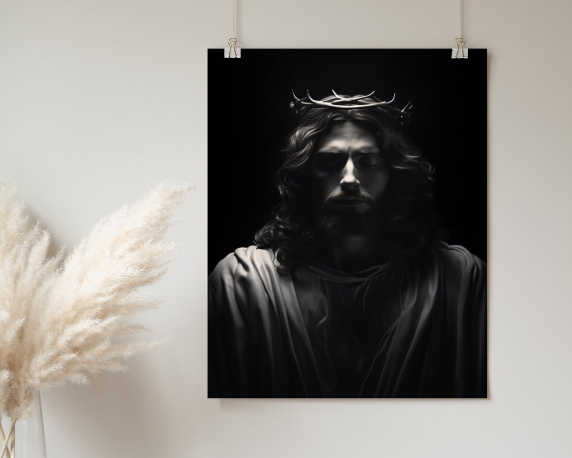 Jesus Christ Crown of Thorns Dark Dramatic Portrait Art Poster - Image 2