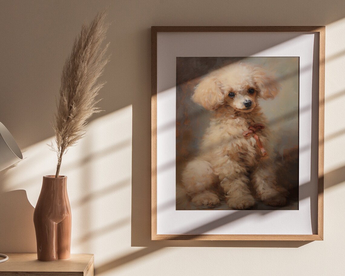 Cream Poodle Puppy Pink Ribbon Vintage Oil Portrait Dog Poster - Image 4