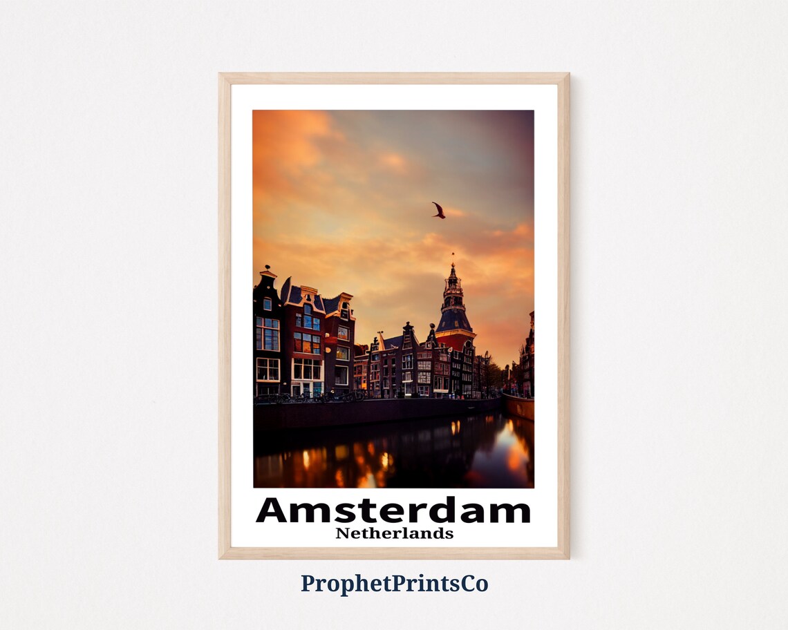 Amsterdam Canal at Sunset Historic Tower Bird Netherlands Art Poster