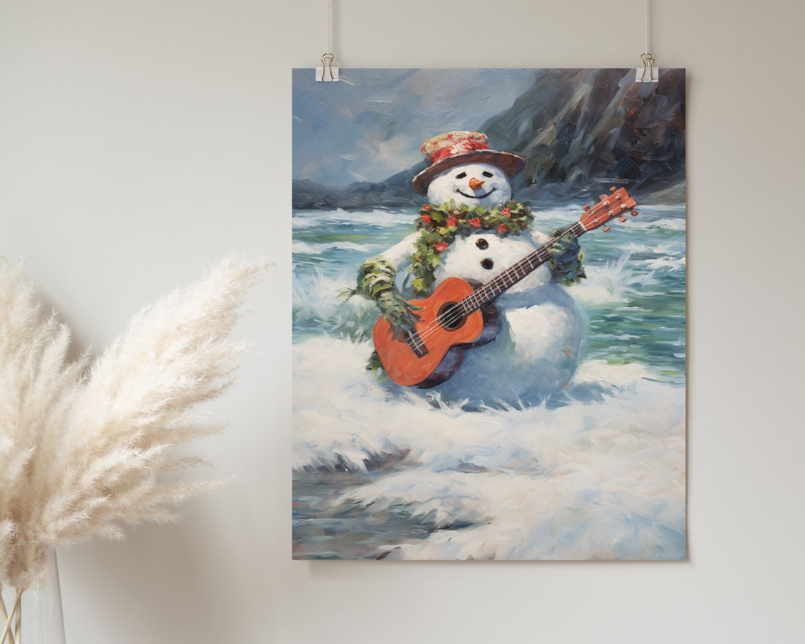Snowman Playing Guitar Ocean Surf Waves Holiday Fun Christmas Poster - Image 2