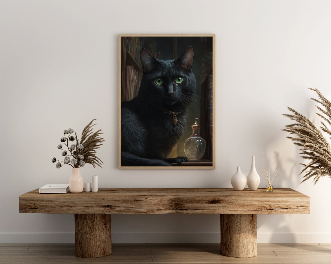 Black Cat With Green Eyes Gold Locket By Bookshelf Art Poster - Image 3
