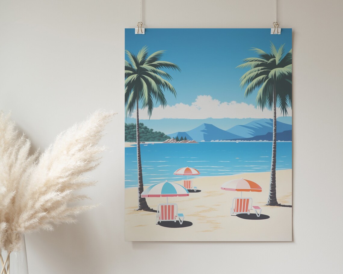 Retro Tropical Beach Palm Trees Umbrellas Blue Ocean Travel Poster - Image 2