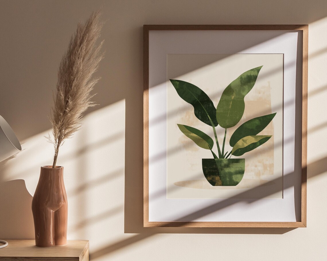 Potted Plant Watercolor Broad Green Leaves Beige Wash Poster - Image 3