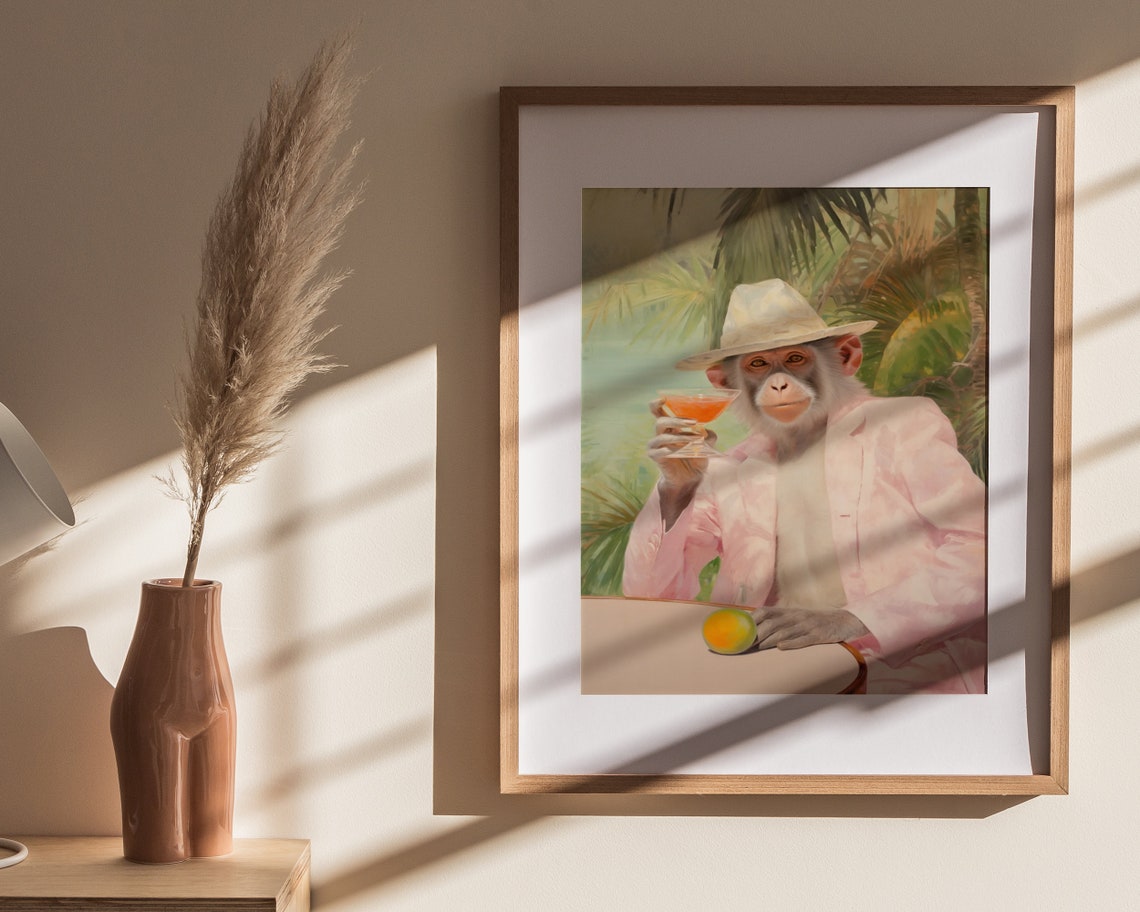 Monkey Cocktail Print Monkey Gentleman Print Retro Wall Art Cute Preppy Apartment Wall Art Wall Art - Image 4
