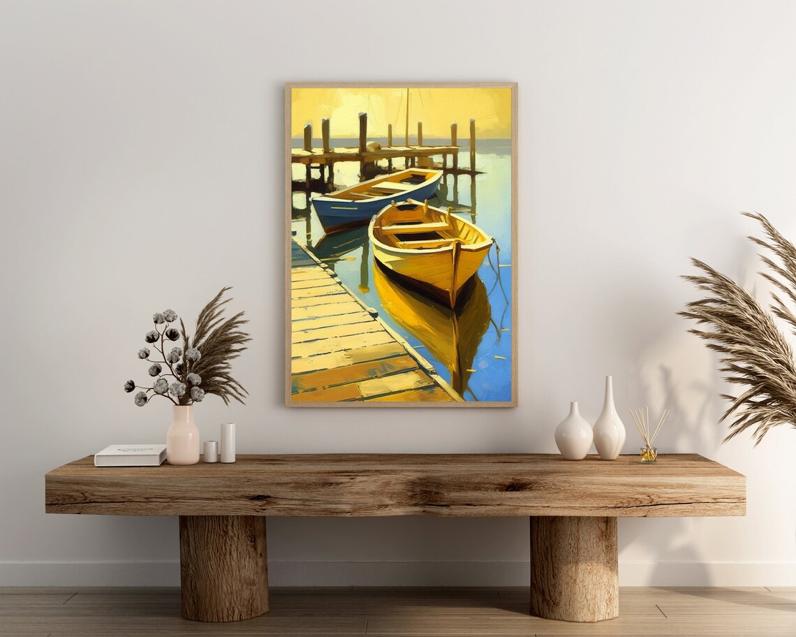 Colorful Rowboats At Sunlit Pier Impressionist Harbor Boats Wall Poster - Image 3