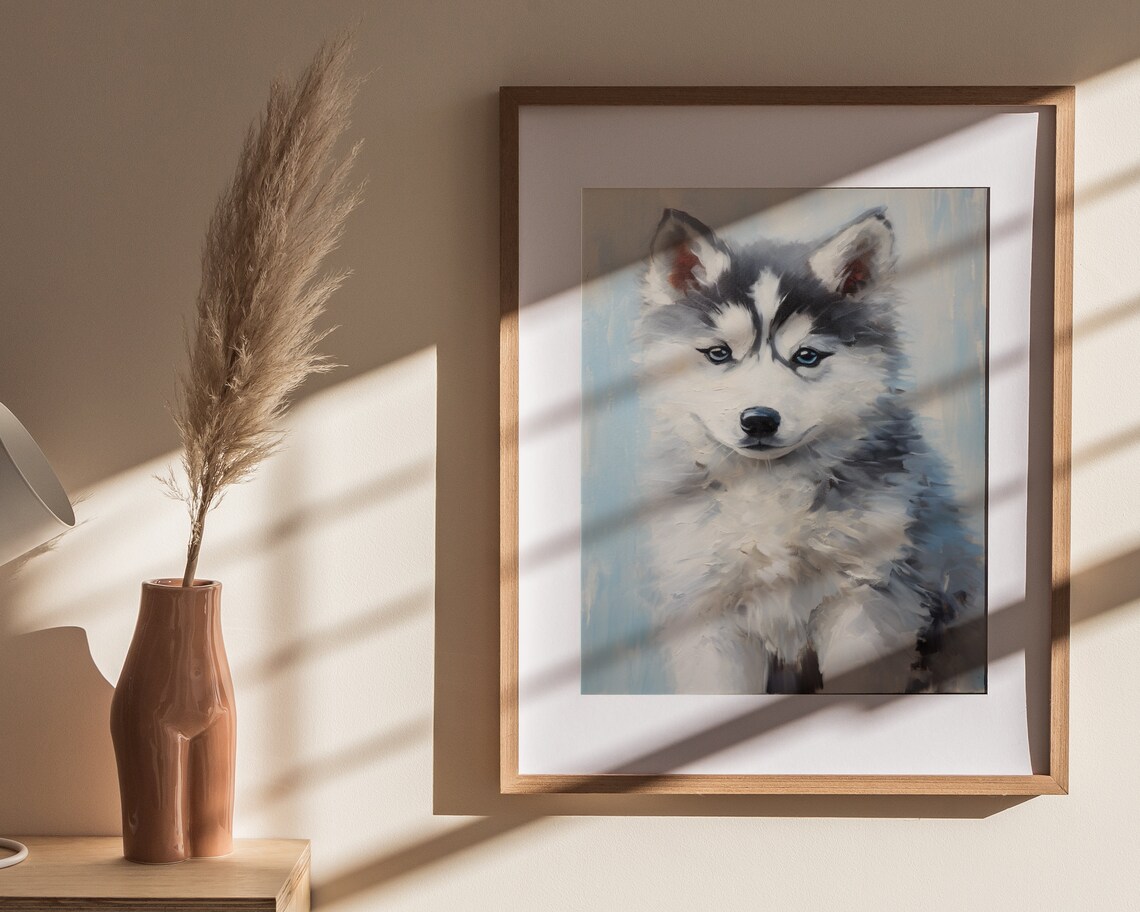 Siberian Husky Puppy Close-Up Portrait with Blue Eyes Oil Painting Poster - Image 4