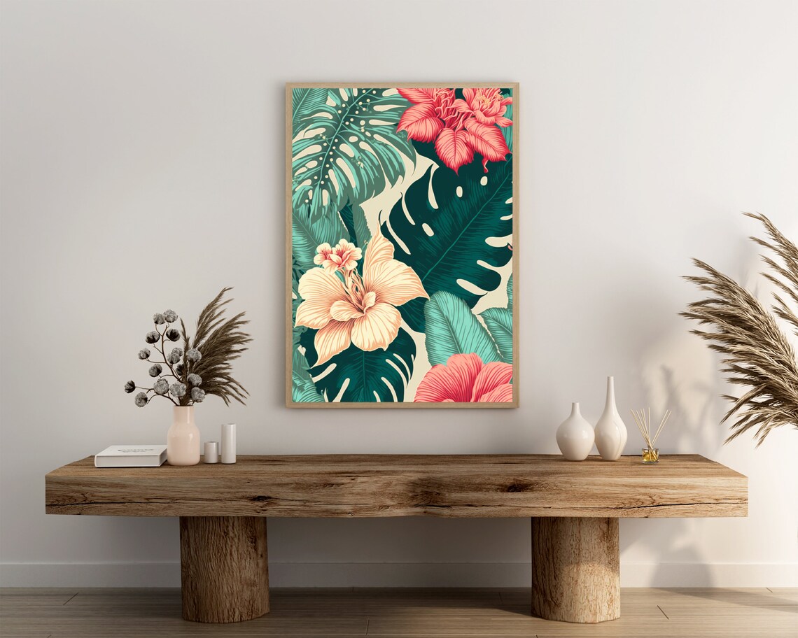 Tropical Hibiscus Floral Art Teal Monstera Coral Flower Poster - Image 3
