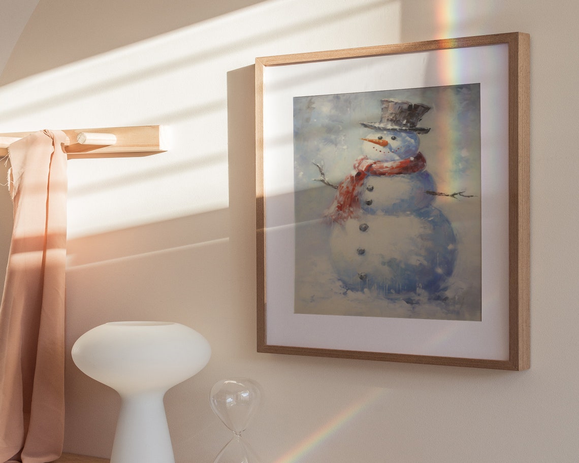 Happy Snowman Red Scarf Falling Snow Close Up Christmas Art Poster - Image 3