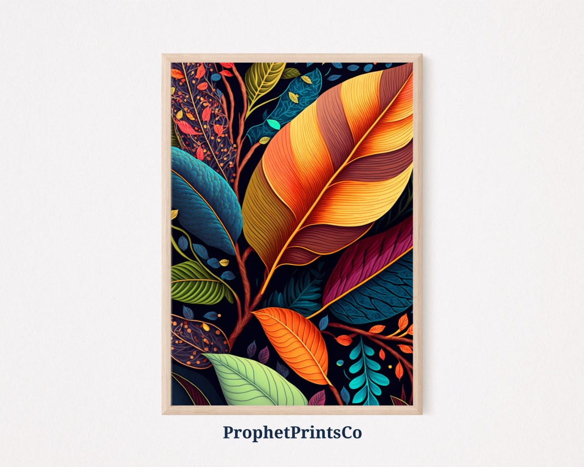 Bold Colorful Tropical Jungle Leaves Dramatic Botanical Art Poster