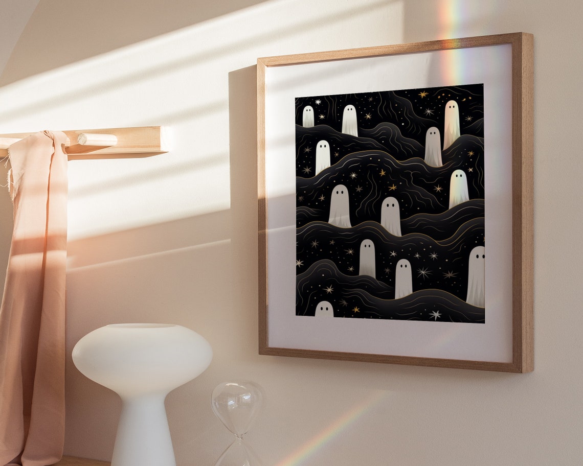 Cute Ghosts On Starry Night Hills Gold Stars Halloween Poster - Image 3