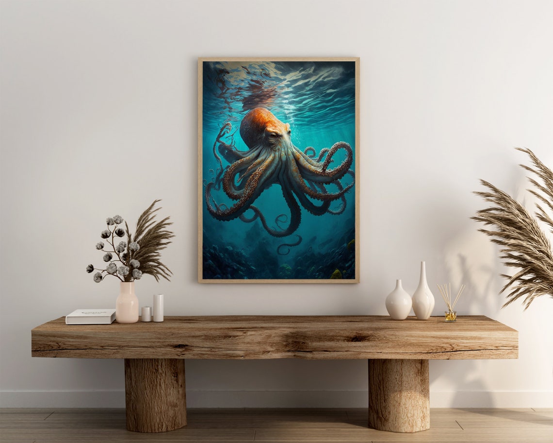 Octopus Ascending Poster Sunlit Teal Water Above Rocky Ocean Floor - Image 3
