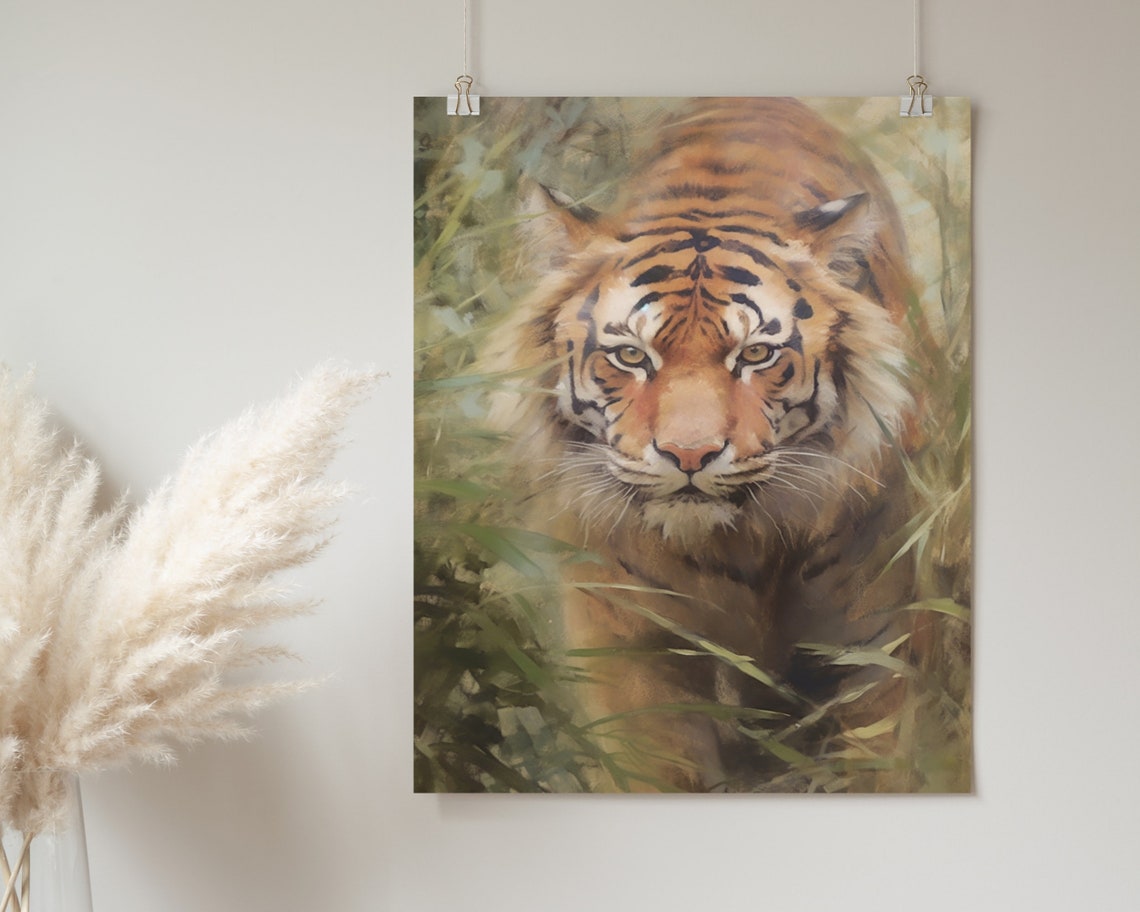 Tiger Walking Through Tall Grass Intense Gaze Wildlife Poster - Image 2