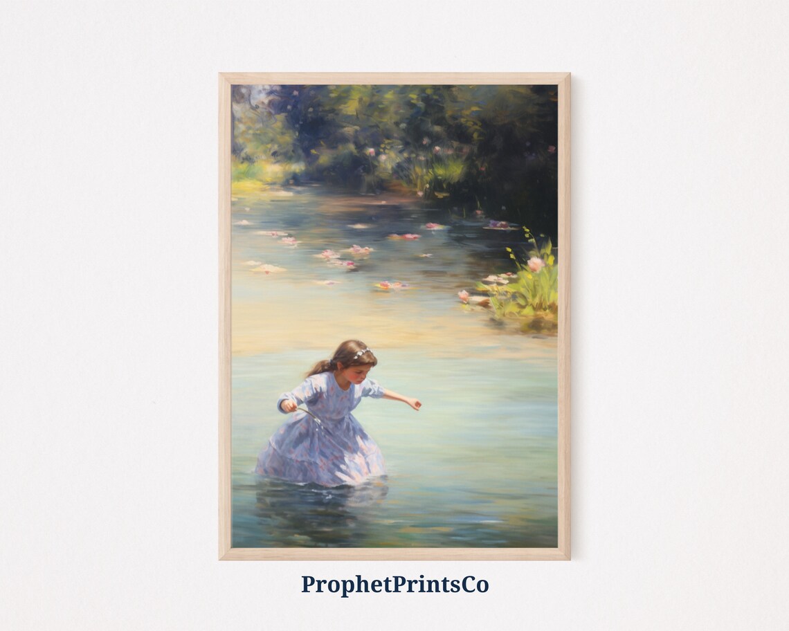 Girl Wading Water Lily Pond Impressionist Summer Painting Poster