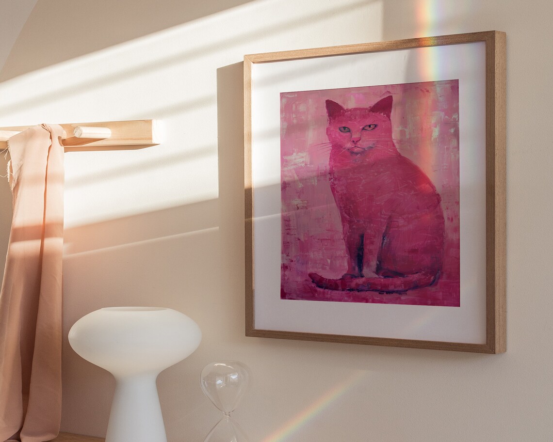 Pink Cat Oil Painting Vibrant Magenta Seated Trendy Glam Decor Poster - Image 3