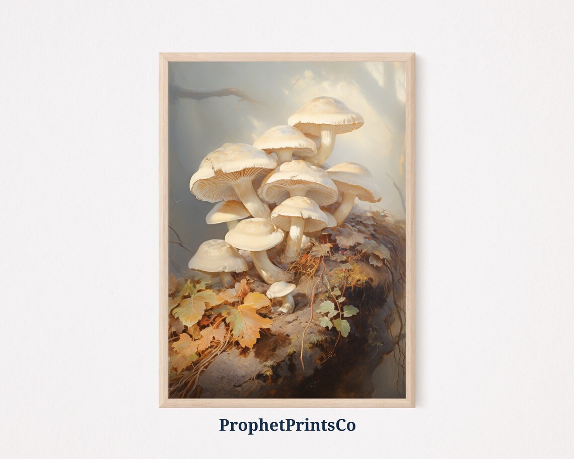 White Mushrooms on Mossy Log in Misty Forest Vintage Nature Painting Poster