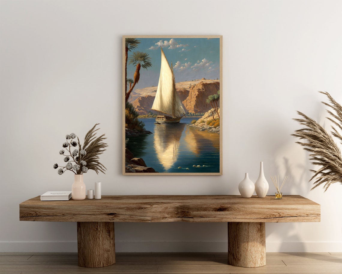 Nile River Felucca Sailboat Palm Trees Orientalist Style Poster - Image 3