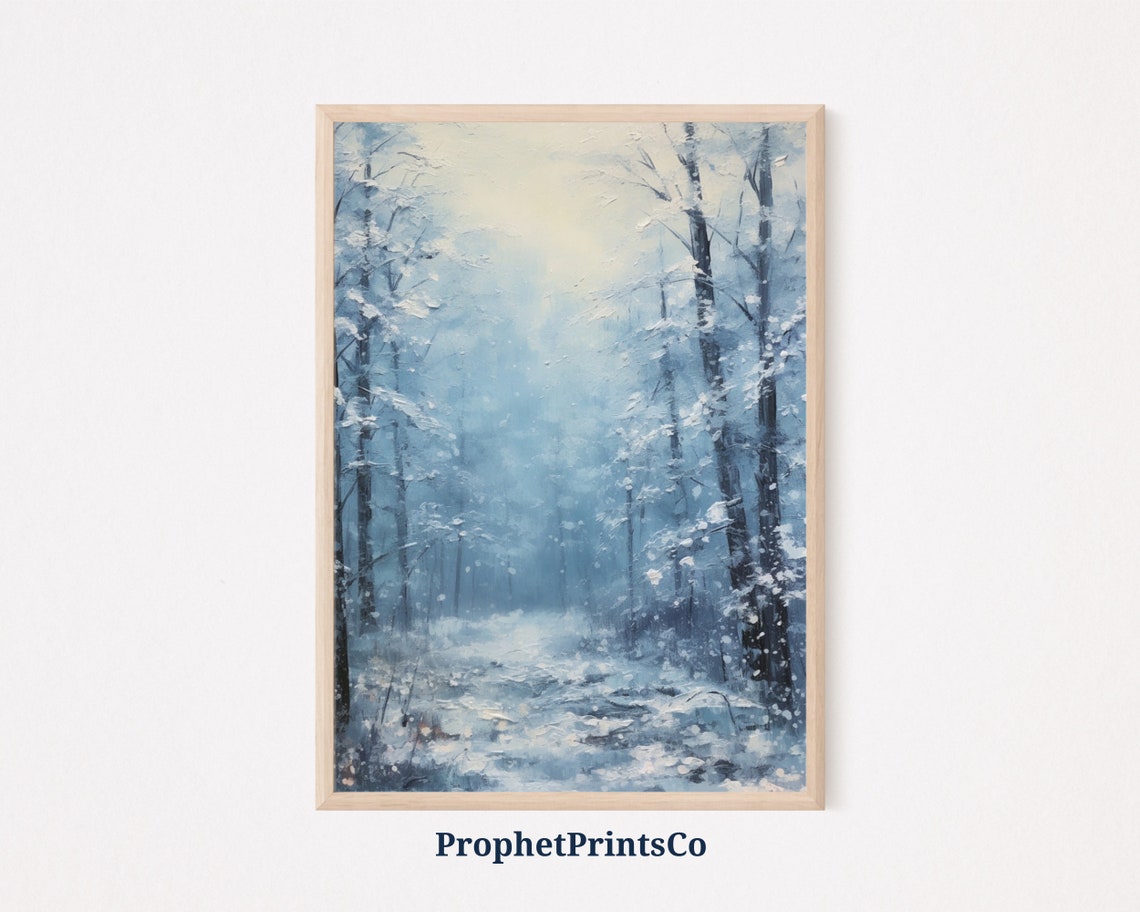 Snowy Winter Forest Oil Painting Soft Blue Snowfall Path Poster