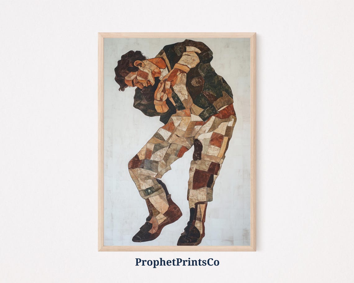 Patchwork Male Figure Mosaic Earth Tones Standing Modern Art Poster