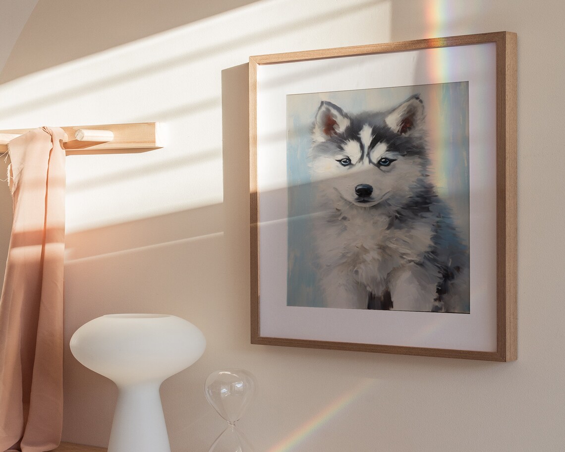 Siberian Husky Puppy Close-Up Portrait with Blue Eyes Oil Painting Poster - Image 3