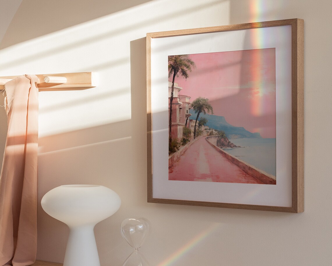 Pink Amalfi Coast Seaside Road Palm Trees Dreamy Travel Art Poster - Image 3