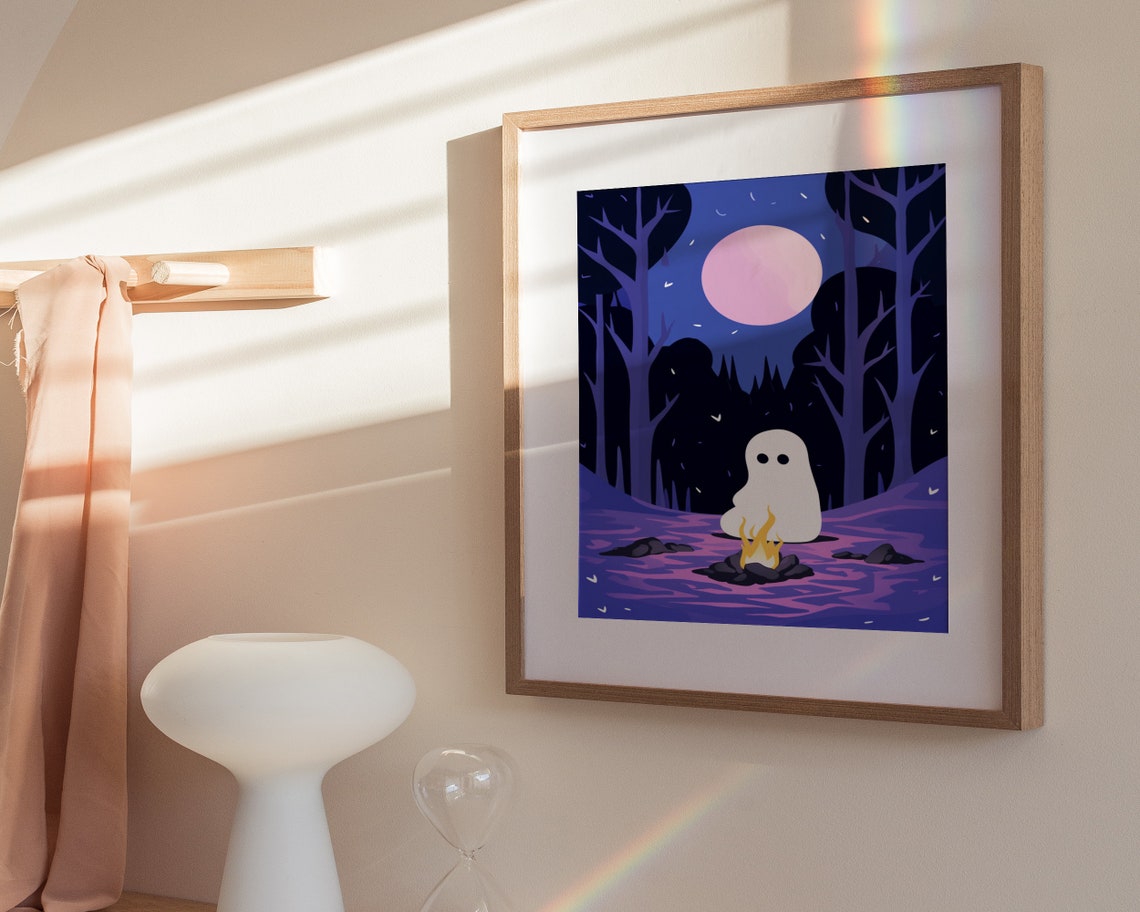 Cute Ghost By Campfire In Purple Forest Pink Moon Art Poster - Image 3