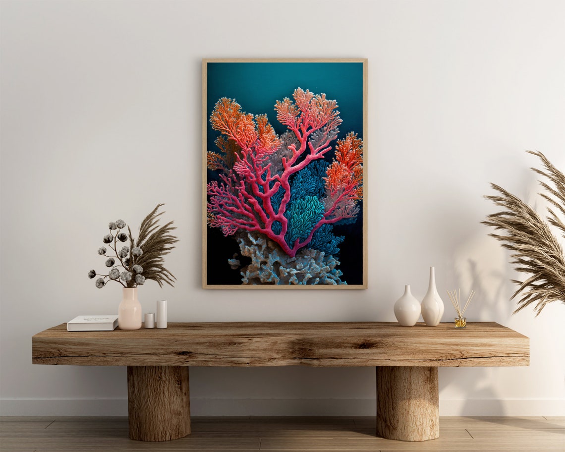 Vivid Bright Pink Coral Tree Branching on Rock Deep Ocean Poster - Image 3