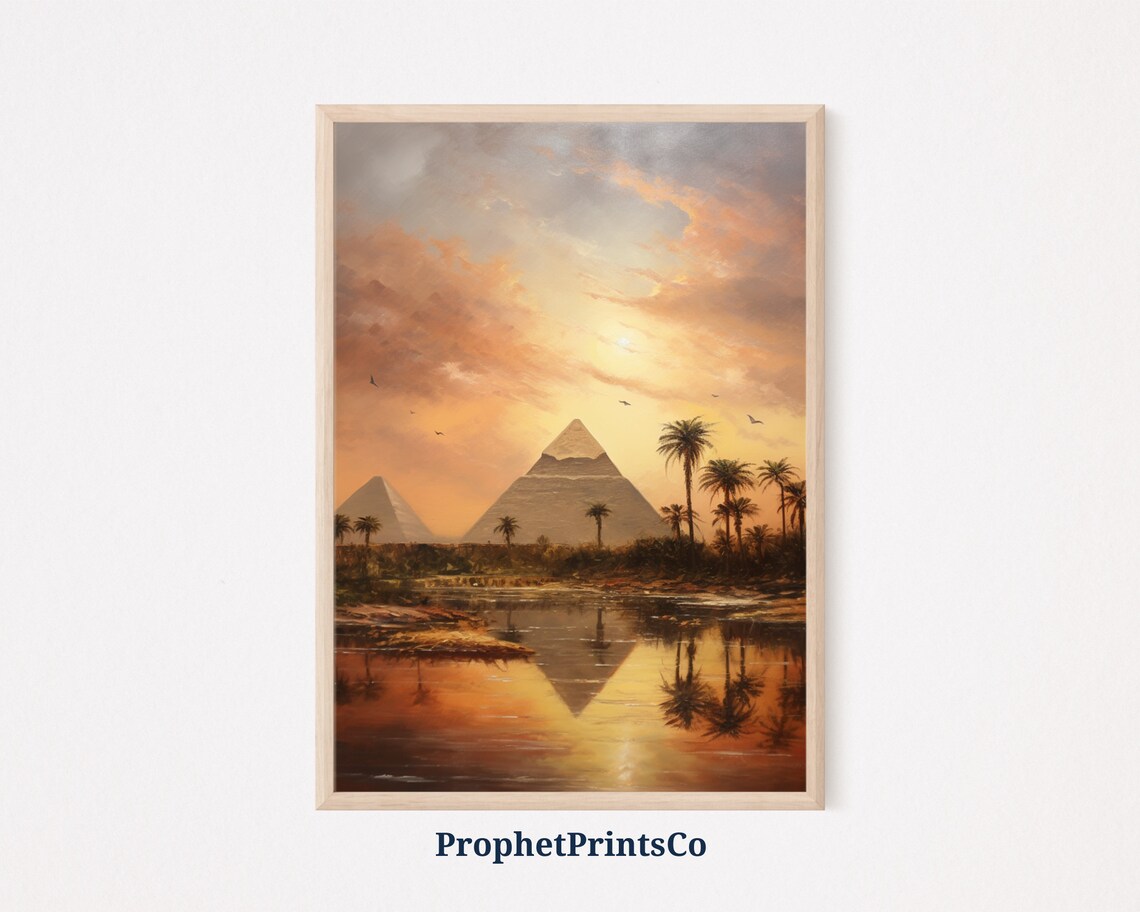 Giza Pyramids Sunset Palms Reflection Oil Painting Egypt Poster