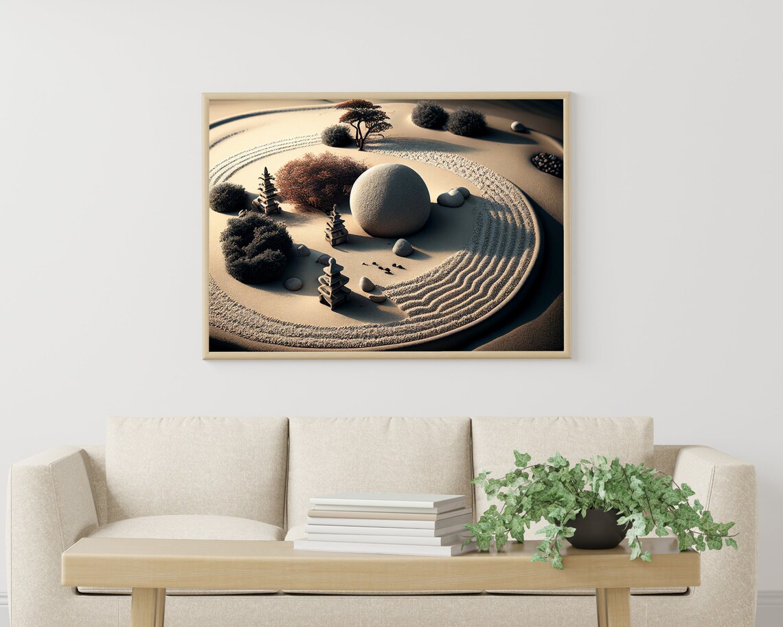 Japanese Zen Rock Garden With Pagodas Raked Sand Circles Poster - Image 3