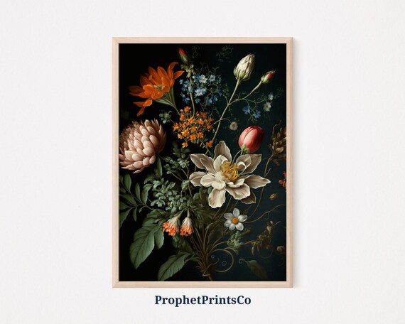 Orange Lily White Dahlia Tulip Moody Dark Botanical Art Poster
