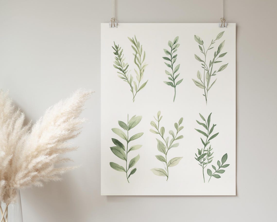 Watercolor Green Leaf Sprigs Botanical Study Neutral Home Poster - Image 2