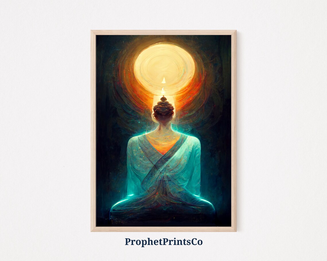 Buddha in Teal Robes Before a Radiant Golden Sun Halo Poster