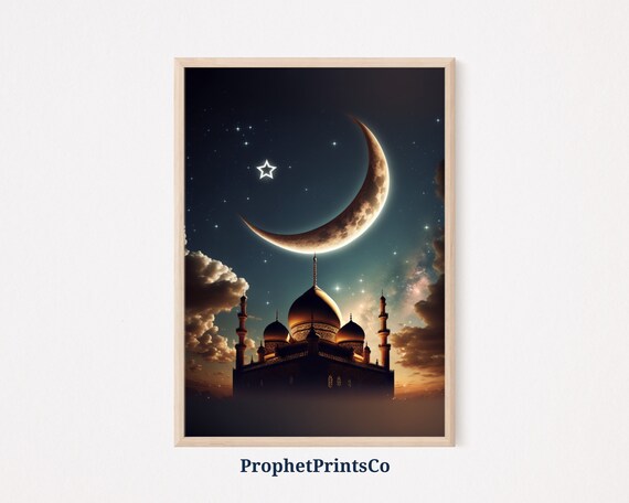 Mosque Silhouette Under a Golden Crescent Moon Starry Night Poster