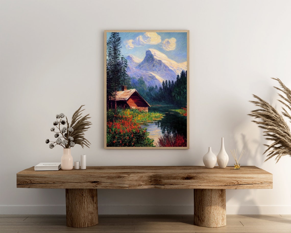 Rustic Cabin by a Lake With Snow Capped Mountain Impressionist Poster - Image 3
