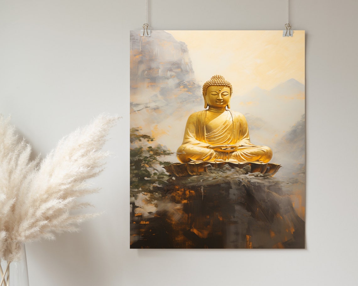 Golden Buddha Meditating Rock Misty Mountains Painting Poster - Image 2