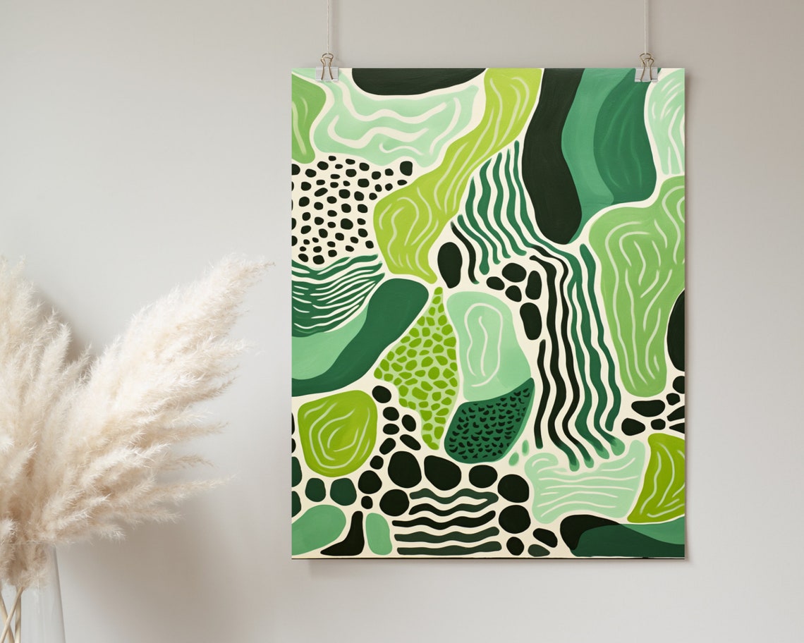 Green Organic Abstract Shapes Black Waves Modern Boho Poster - Image 2