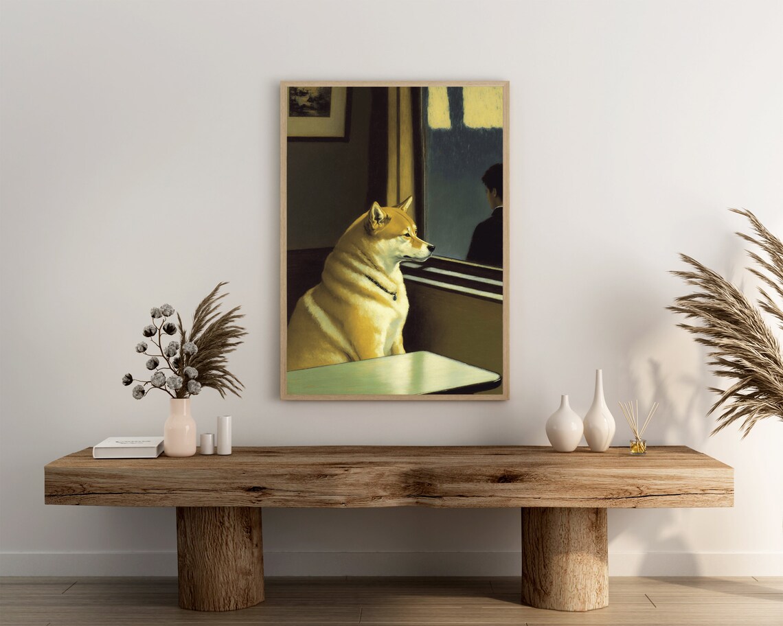Lonely Shiba Inu Waiting by Night Window Cute Dog Portrait Poster - Image 3