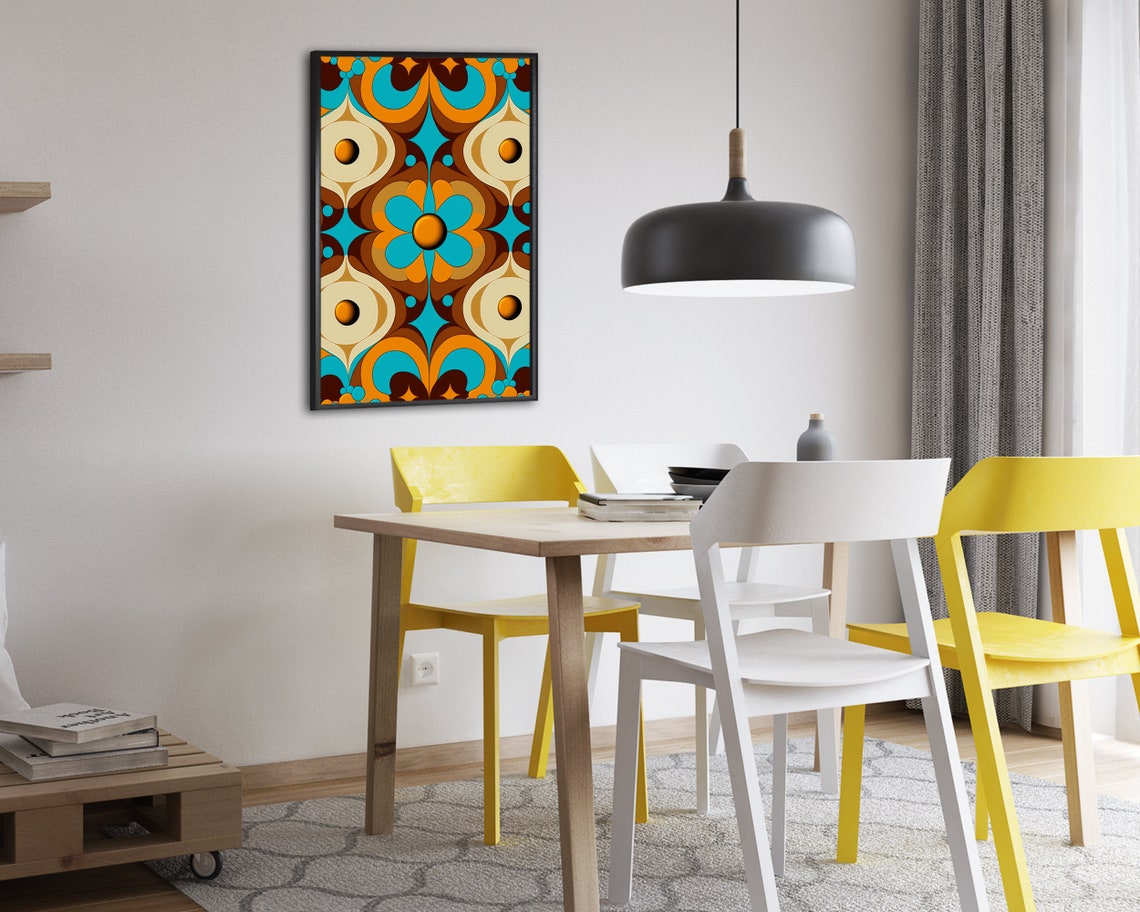 Retro 70s Kaleidoscope Floral Pattern Teal Orange Brown Poster - Image 2
